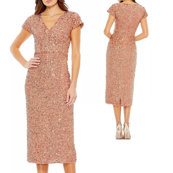 Mac Duggal Rose Gold Peachy Sequined Short Sleeve Midi Dress Style 10766 - Picture 4 of 9
